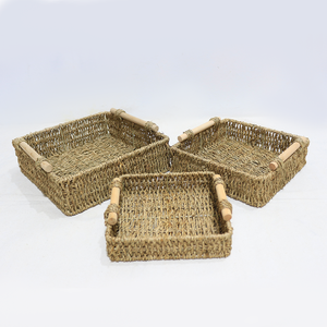 Handmade Seagrass Serving Tray <b>Rectangular</b> Storage <b>Basket</b> with Wooden Handles - Product Image 3