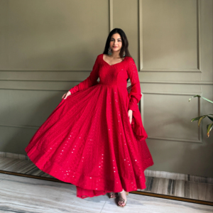 Red Gown For Wedding Party <b>Chikankari</b> Work Long Gown Anarkali Style Dress Lucknowi Dress Indian Paksitani Style Dress - Product Image 1