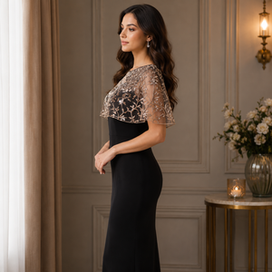 Luxury Champagne Gold Embroidered Mesh Collar Cape for Women Sheer Lace Overlay Beaded Detachable Shawl Formal Party <b>Accessory</b> - Product Image 4