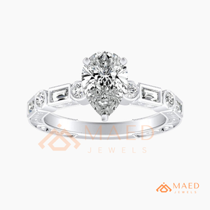925 Sterling Silver Pear Cut Engagement <b>Ring</b> Women Baguette Side Stone Vintage Milgrain American Diamond <b>CZ</b> Wedding <b>Ring</b> - Product Image 5