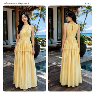 **Women’s Textured Chiffon Backless Halter <b>Maxi</b> <b>Dress</b> with High Waist Relaxed Silhouette for Boho Vacation and Resort Wear ODM W - Product Image 4