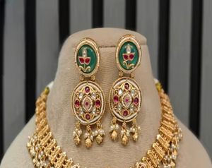 Stunning Premium Quality Brass <b>Gold</b> Plated Heritage Antique Moissanite Necklace & <b>Earrings</b> <b>Set</b> for Wedding Party Wear Collection - Product Image 2