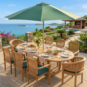 Ensemble de table à manger ovale en teck avec banc de jardin et trou pour parasol - Product Image 1