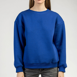 Sudadera Oversize de Cuello Redondo para Mujer, Azul Sólido, Manga Larga, Tejido de Algodón/Fibra de Bambú, Bordado de Cristal, Hombros Caídos - Product Image 1
