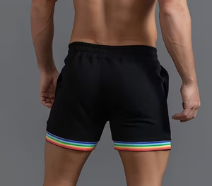 Men s Black Quick Dry Drawstring Shorts With Rainbow Trim <b>Elastic</b> Waist Casual Sport Style Short Length Solid Color - Product Image 2