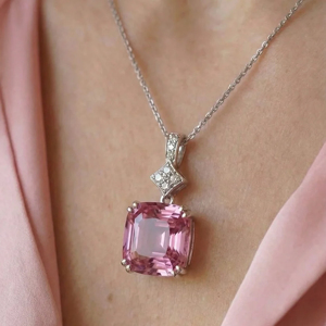 Women's 925 <b>Silver</b> Rhodium Plated Morganite Pendant Necklace Princess Cut Diamond Accent Classic <b>Box</b> <b>Chain</b> Everyday Wear - Product Image 1