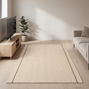 Tapis moderne en laine tissé à la main, à poils moyens, avec bordure beige, antidérapant, style minimaliste scandinave, pour salon et chambre à coucher - Product Image 2
