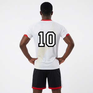 Uniforme de Fútbol Personalizado Blanco y Negro – Camiseta de Fútbol Blanca con Franjas Diagonales Amarillas, Cuello Rojo y Conjunto de Pantalones Cortos Negros - Product Image 2