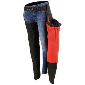 Chaps de moto pour femmes avec broderie rouge, en cuir noir, personnalisables, conception respirante sans couture pour toutes les saisons - Product Image 4