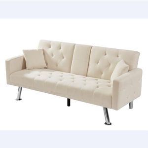 Canapé-lit convertible en lin beige avec accoudoirs carrés, porte-gobelet et deux oreillers - Product Image 6