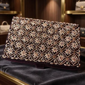 Noor Grid Zardozi <b>Embroidered</b> Evening <b>Clutch</b> Party <b>Bag</b> Floral Satin Lining Square Brass Crystal Rhinestone Pearl Chain - Product Image 5
