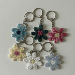 Embroidery Lily Key Ring Plant Pendant Gold Metal Hook Ornament Purple Beaded Flower Keychain Handmade Glass Seed <b>Bead</b> Bag Charm - Product Image 1