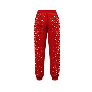 Red Pearl Beaded Jogger Pants Women Fashion Embellished <b>Drawstring</b> Sweatpants Luxury Casual Streetwear Fleece <b>Trousers</b> - Product Image 2