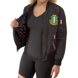 AKA Satin Bomber <b>Jacket</b> Black Pink Women Lightweight <b>Zip</b> <b>Up</b> <b>Jacket</b> Embroidered Crest Rib Knit Casual Outerwear - Product Image 1