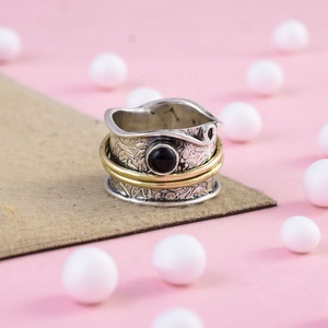 925 Sterling Silver Black Onyx Spinner Ring Textured Wide Band Meditation Fidget Ring Handmade Statement Jewelry - Product Image 1