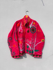Handmade Pink Velvet <b>Jacket</b> for Women Traditional Kashmiri Suzani Hand Embroidered Winter Coat Artisanal Luxury Bomber Blazer - Product Image 1