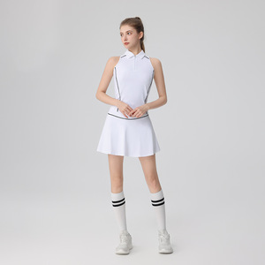 Soft Breathable Tennis Outfit Sleeveless Crop Top With Pleated Skirt Featuring Contrast Striped Design for Tennis Gym Workouts - Product Image 3