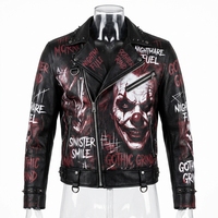 Blouson en cuir graphique d'horreur style clown gothique, avec sourire maléfique et sinistre, clouté, style motard, vêtement d'extérieur, personnalisé, vente en gros, streetwear pour hommes