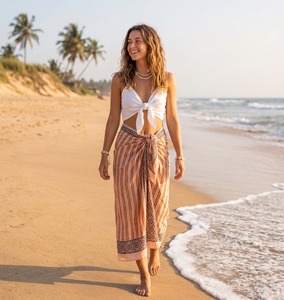 Pareo de algodón estampado a mano al por mayor para mujer, con estampado floral de melocotón, ligero, estilo bohemio, para playa o resort indio. - Product Image 1