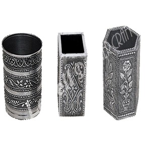 Handcrafted Oxidized Metal Pen Holder <b>Set</b> – Decorative Desk Organizer, Engraved Design, Vintage Finish Multipurpose Holder - Product Image 1