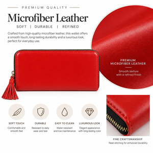 Cartera de Mano Tipo Clutch de Microfibra Roja para Mujer, con Cierre, Borla y Forro de Algodón para Uso Diario - Product Image 6