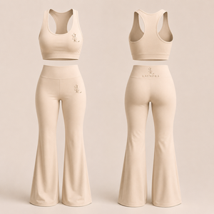 Beige High Waist <b>Flare</b> Yoga <b>Leggings</b> Solid Quick Dry Seamless Stretch Workout Pants Custom Logo Activewear Set - Product Image 1