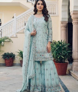 Ensemble salwar kameez bleu clair brodé en faux georgette, tenue traditionnelle indienne et pakistanaise pour mariage et fêtes, pour femmes. - Product Image 1