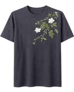 T-shirt Femme Noir Charbon Broderie Florale Coton Doux Col Rond Manches Courtes Décontracté Léger Confortable pour l'Été - Product Image 1