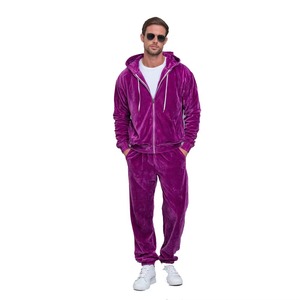 Conjunto Deportivo de Hombre con Capucha de Terciopelo Morado, Sudadera y Pantalones de Color Sólido con Cierre Completo, Corte Regular, para Otoño - Product Image 6