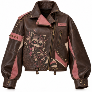 Oferta del Fabricante: Chaqueta Bomber de Cuero Genuino Marrón para Mujer con Diseño Gráfico Vintage de Mapache y Tachuelas, OEM/ODM - Product Image 1