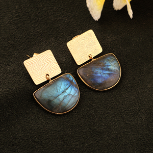 Natural flash labradorite <b>drop</b> earrings textured brass gold plated bezel set Smooth gemstone wholesale pushback closure jewelry - Product Image 3