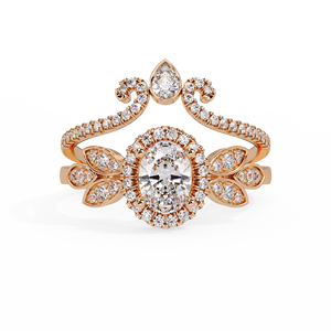 Ensemble de bagues de mariage vintage en or massif 14K avec diamant de laboratoire ovale à halo floral et alliance couronne en forme de poire, bijoux personnalisés en gros - Product Image 3