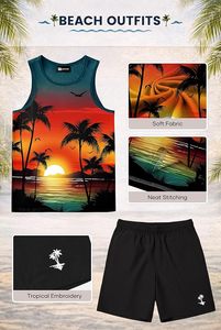 Conjunto de 2 Piezas de Camiseta sin Mangas y Pantalones Cortos con Estampado Gráfico para Hombre, Atuendo Informal de Playa para Verano - Product Image 3