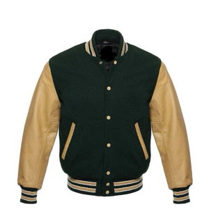 Bulk Order Slim Fit Casual Baseball <b>Jacket</b> Contrast PU <b>Leather</b> Sleeve Snap Button Heavyweight Fleece Varsity Bomber <b>Jacket</b> - Product Image 1