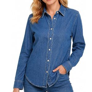เสื้อเชิ้ตยีนส์ผู้หญิง แขนยาว คอปกคลาสสิก ทรงหลวม สีน้ำเงินกลาง - Product Image 4