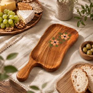 Planche à découper en bois artisanale avec motif floral |   Plateau décoratif pour collations et fromages |   Forme rectangulaire, épaisseur 1,3 cm - Product Image 6