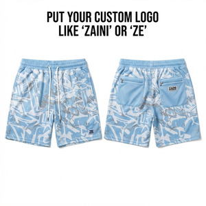 Premium Polyester Mesh <b>Shorts</b> 160 GSM Breathable Sky Blue <b>White</b> Print Elastic Waist Custom Logo Sports Training Casual Wear - Product Image 1
