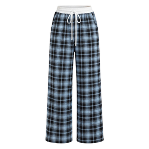 Pantalones de estar por casa de pierna ancha a cuadros azules para mujer, cintura media, cintura elástica, cordón, bolsillos laterales, ropa de dormir informal de algodón, ropa para estar en casa - Product Image 1