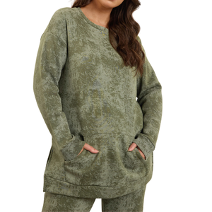 Sweat-shirt à poche unie pour femmes grandes tailles, tissu jersey respirant en polyester/coton, poche avant, manches longues, col rond côtelé - Product Image 2