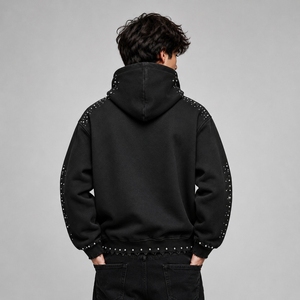 Sudadera con capucha negra personalizada con cremallera, diseño de llamas y pedrería, estilo Y2K, streetwear, con gráficos tachonados, de gran tamaño, de tejido grueso y estilo vintage. - Product Image 6