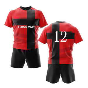 Set Jersey Rugby Pria Custom MRI, Warna Merah Hitam, Cetak Sublimasi, Lengan Pendek, Bahan Anti Lembap, Fit Atletis - Product Image 1