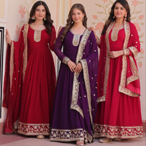 Vestido Largo de Georgette con Efecto Floral, Reversible, Sin Arrugas, con Lentejuelas y Bordado Zari, para Bodas y Fiestas, para Todas las Temporadas - Product Image 1