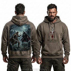 Sudadera con capucha personalizada para hombre, de felpa gruesa, con lavado ácido naranja, estampado gráfico, estilo vintage, Vampiro vs. Hombre Lobo, Streetwear - Product Image 2