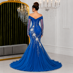 Vestido de Noche Azul Rey con Hombros Descubiertos, Estilo Sirena, con Mangas Largas Transparentes, Apliques de Encaje Floral y Cuentas de Cristal, Vestido Formal para Graduación - Product Image 3