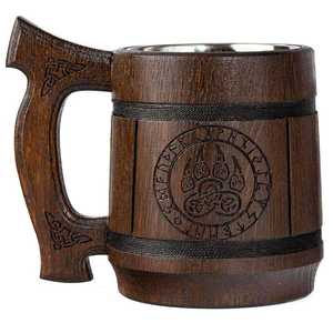 Handmade Wooden Beer <b>Mug</b> with Stainless Steel Insert Classic Design Hand Grip Dishwasher Safe Gift <b>Box</b> for Home Bar & Party Use - Product Image 1