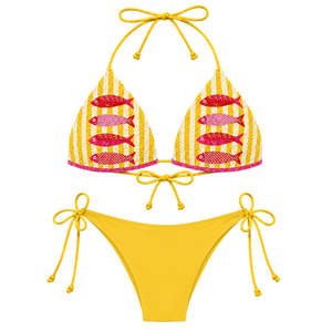 Conjunto de Bikini Blanco con Cuello Halter, Adornado con Cuentas a Mano, Diseño con Estampado de Ciudad Mediterránea y Corte Lateral en la Parte Inferior, Traje de Baño para Mujer, Ropa de Playa - Product Image 5