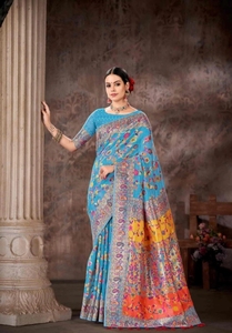 Sari de fiesta reversible sin arrugas de mezcla de algodón Bollywood KV Woven (Azul) - Product Image 1