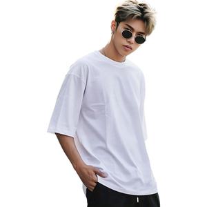 100% coton hommes T-Shirt lourd col rond personnalisé surdimensionné broderie Patch coupe ample longue longueur - Product Image 1