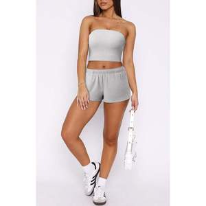 Custom Logo Y2K Women <b>Sexy</b> Tube Top Shorts <b>Set</b> Two Piece Strapless Drawstring Yoga Activewear 100% Cotton Fleece Eco-Friendly - Product Image 3