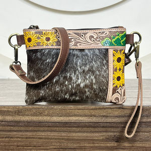 Sac bandoulière en cuir de vachette véritable de qualité supérieure, fait main, avec poignet, motif tournesol, petit sac bandoulière en cuir véritable pour femmes - Product Image 4